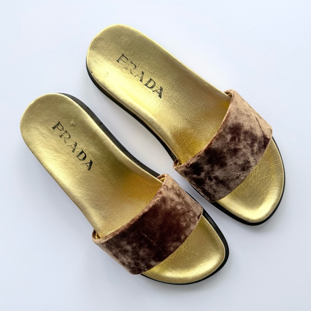 Prada Velvet Slide Sandals in Brown & Gold Size 36
